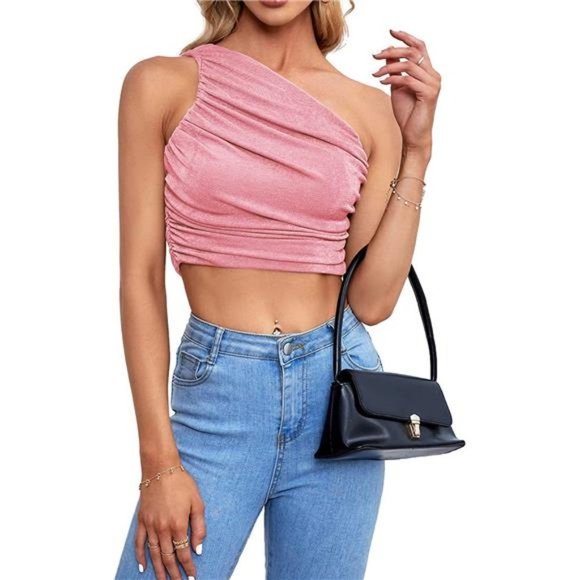 Women's Ruched One Shoulder Crop Top, Baby Pink - Picture 3 of 7